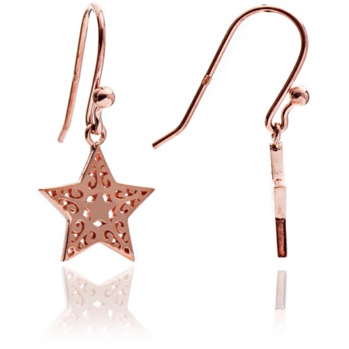 Exquisite 18ct Rose Gold Vermeil On Sterling Silver Filigree Star Drop Earrings